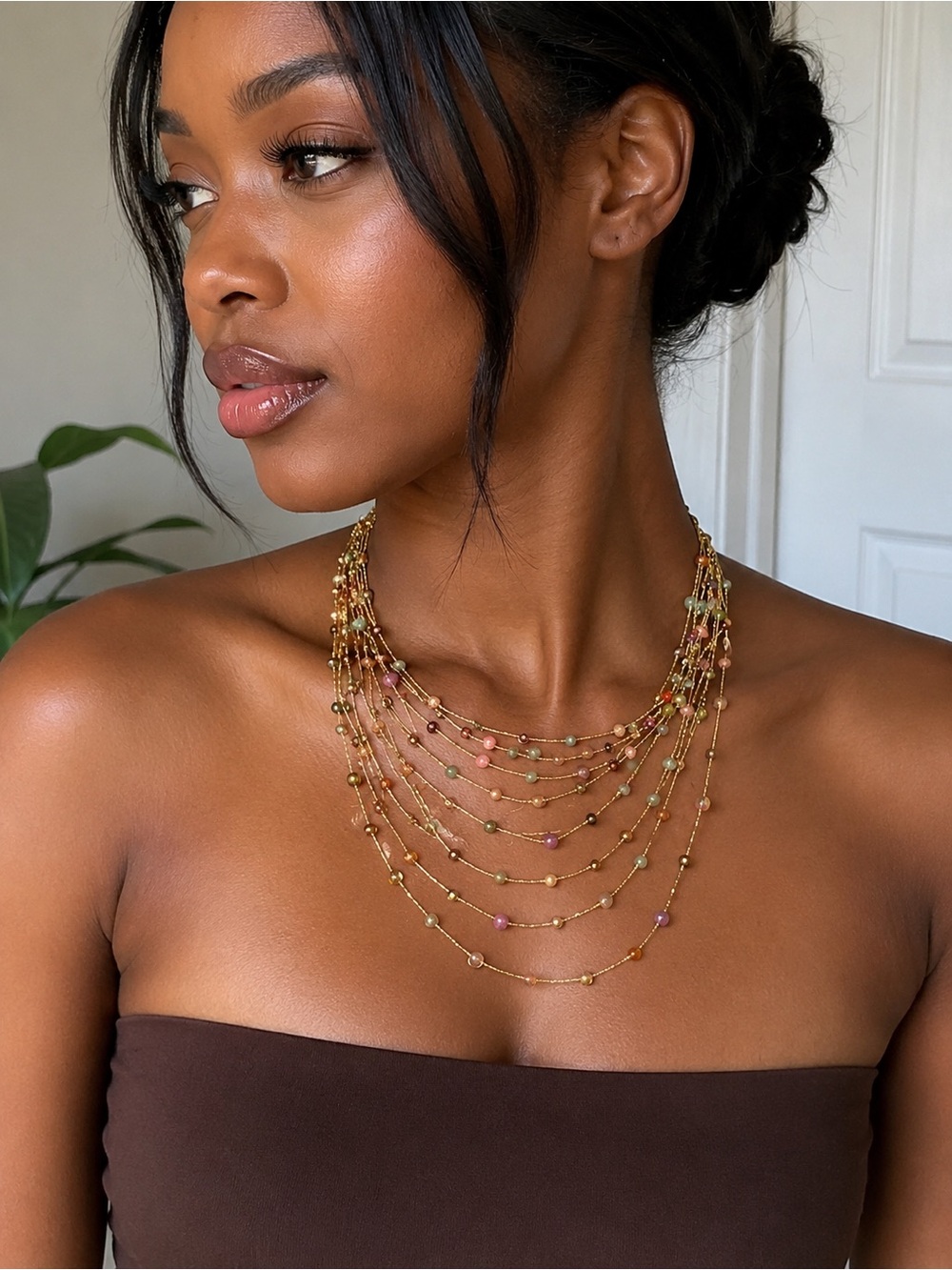 Multi-Strand Gold Beaded Necklace with Pink & Green Accents - Women Jewelry